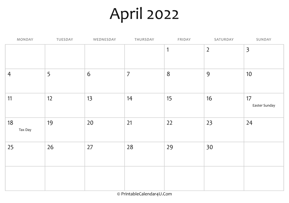 Take April 2022 Calendar With Holidays Canada
