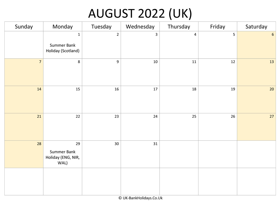 Take August 2022 Holiday Calendar