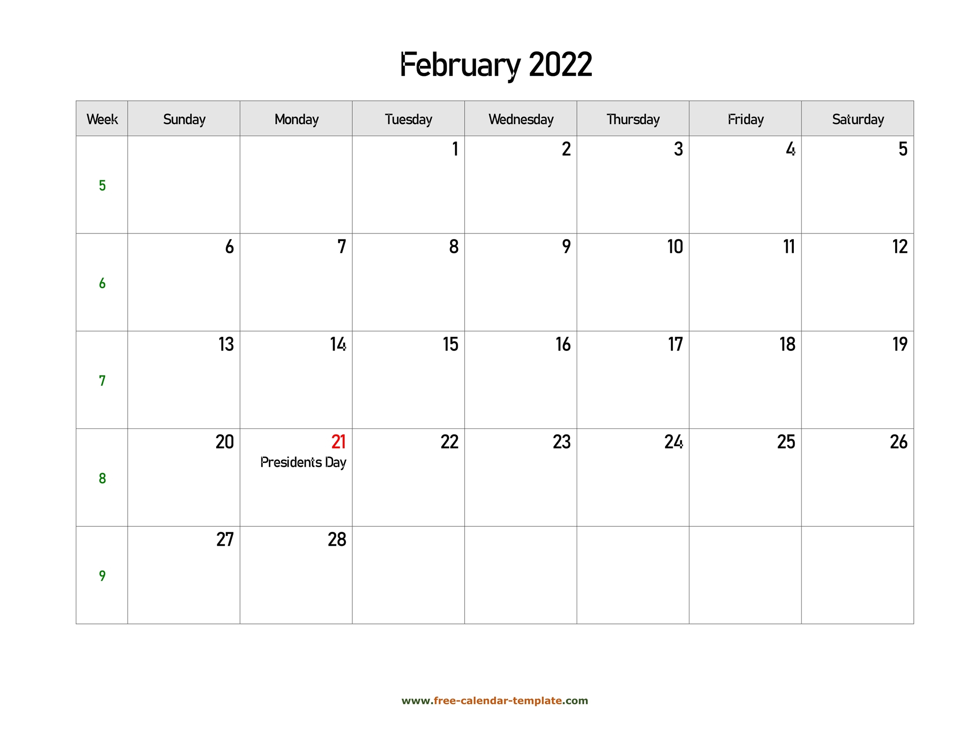 Take Blank Calendar 2022 February