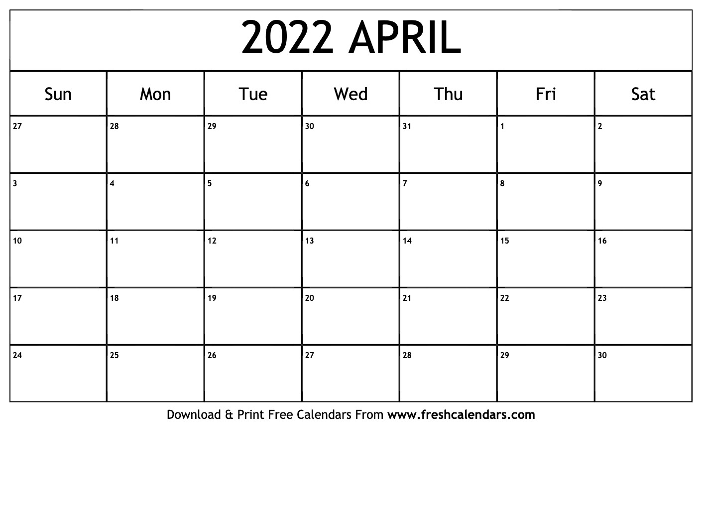 Take Blank Calendar April 2022 Printable