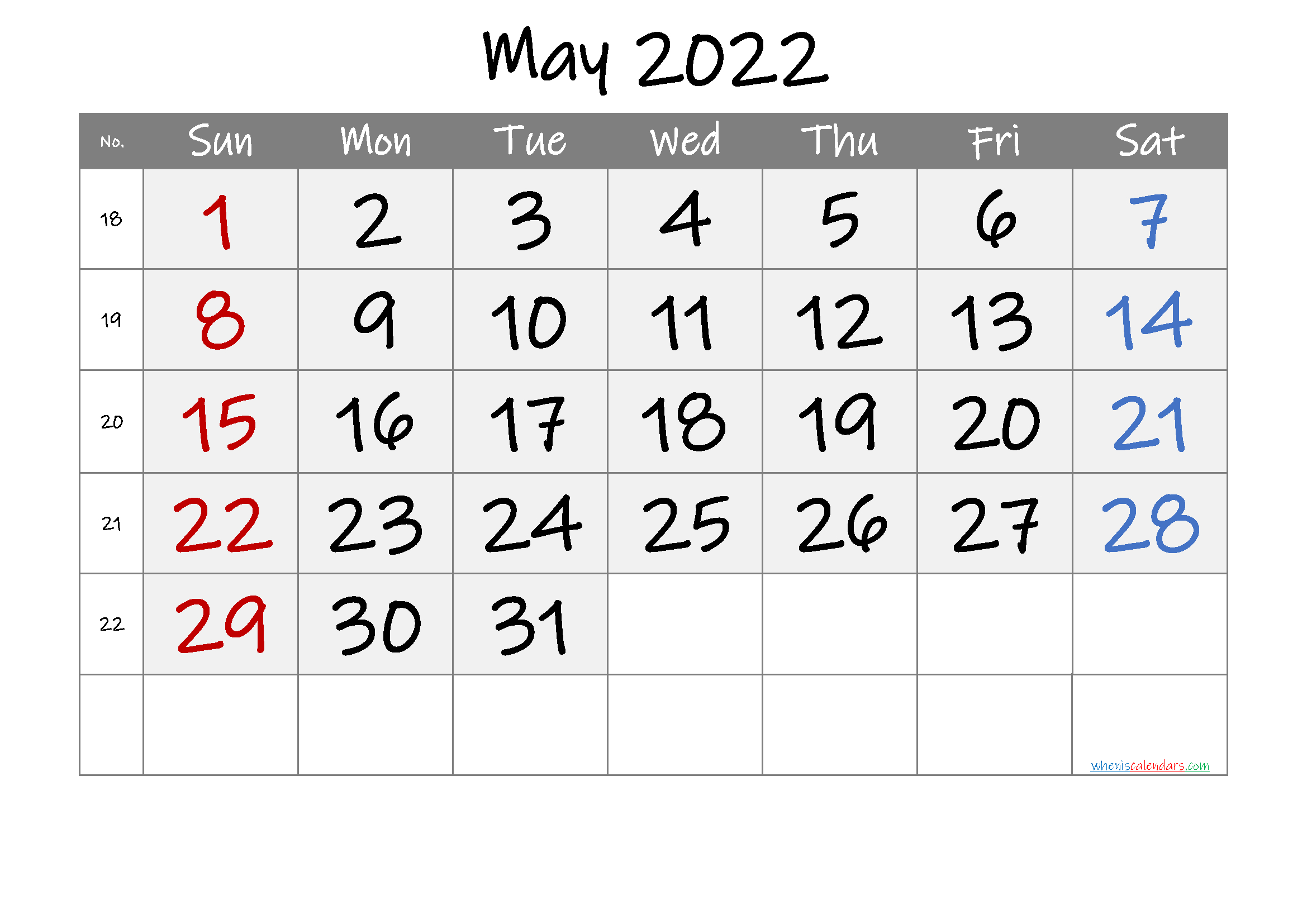 Take Blank Calendar May 2022 Printable