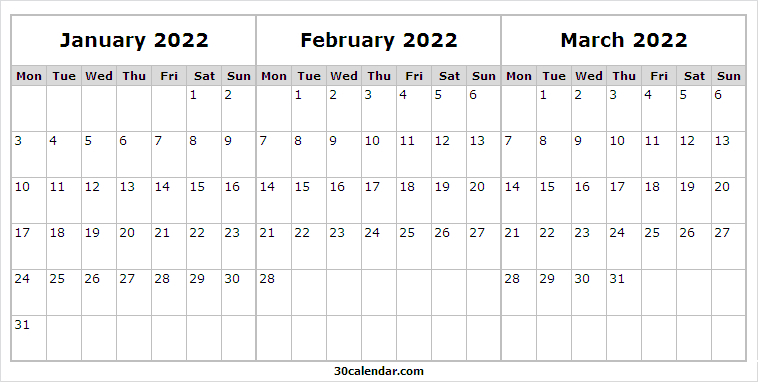 Calendar 2022 Jan Feb March Best Calendar Example