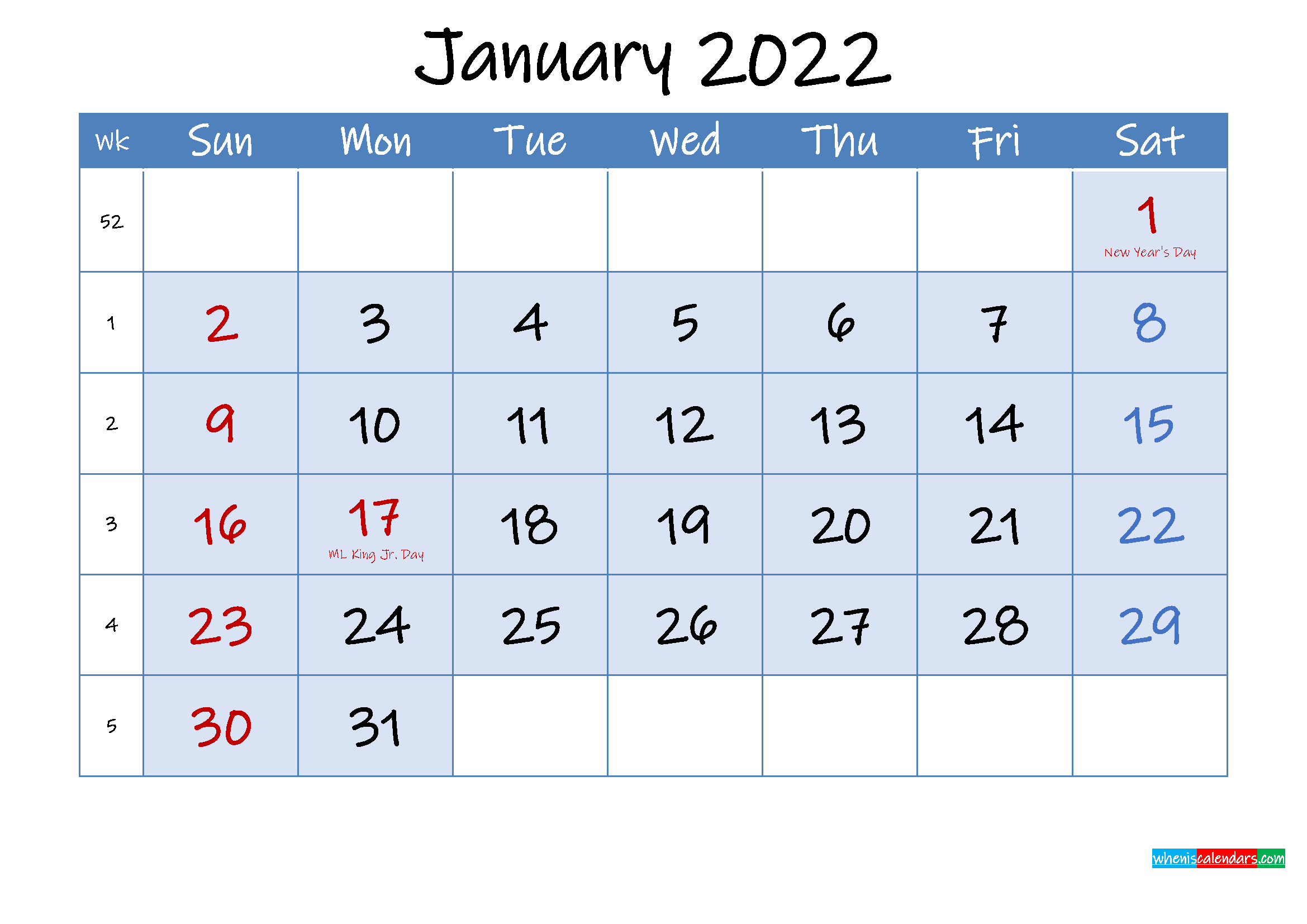 Take Calendar 2022 January Printable Free