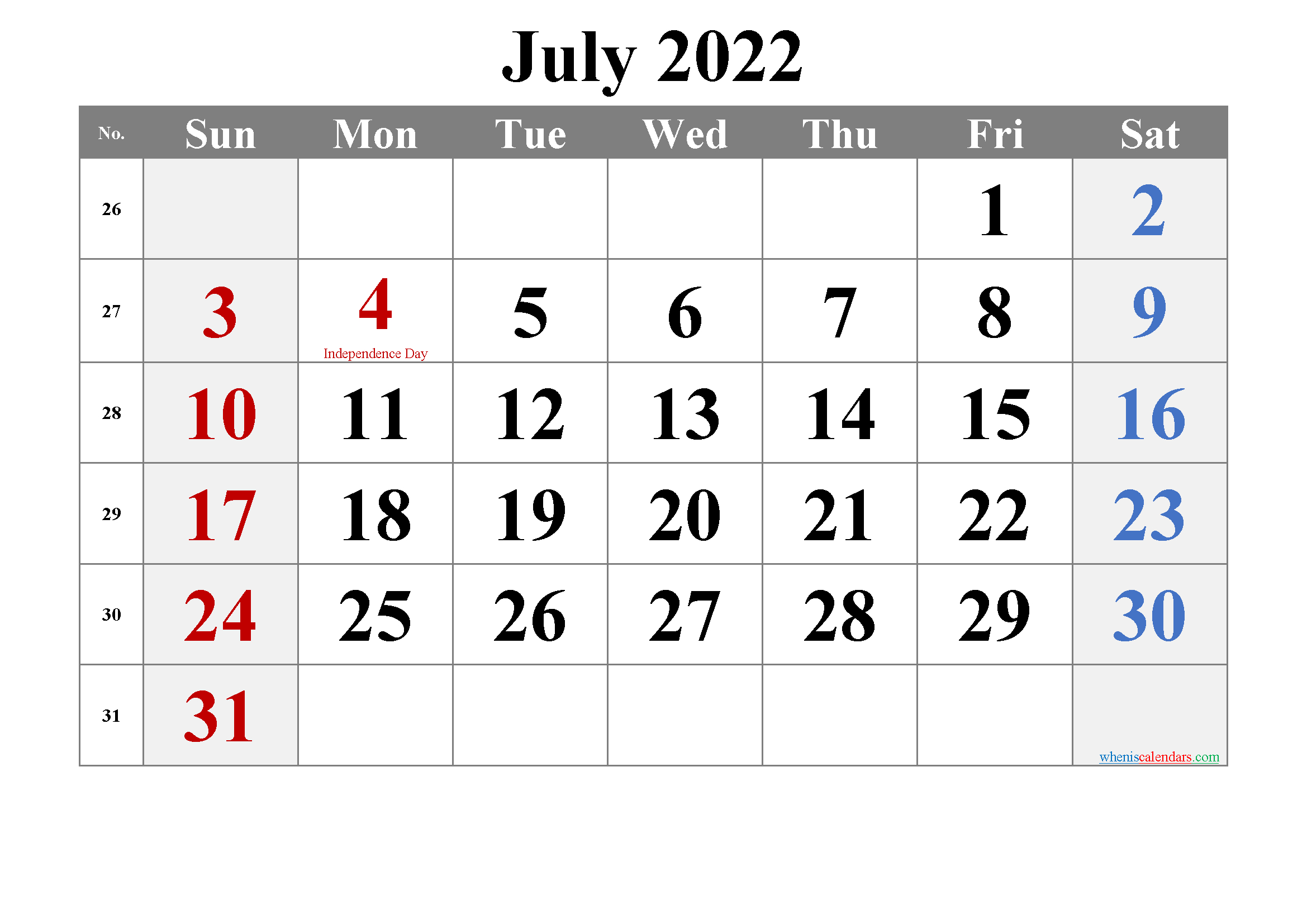 Take Calendar 2022 July Month