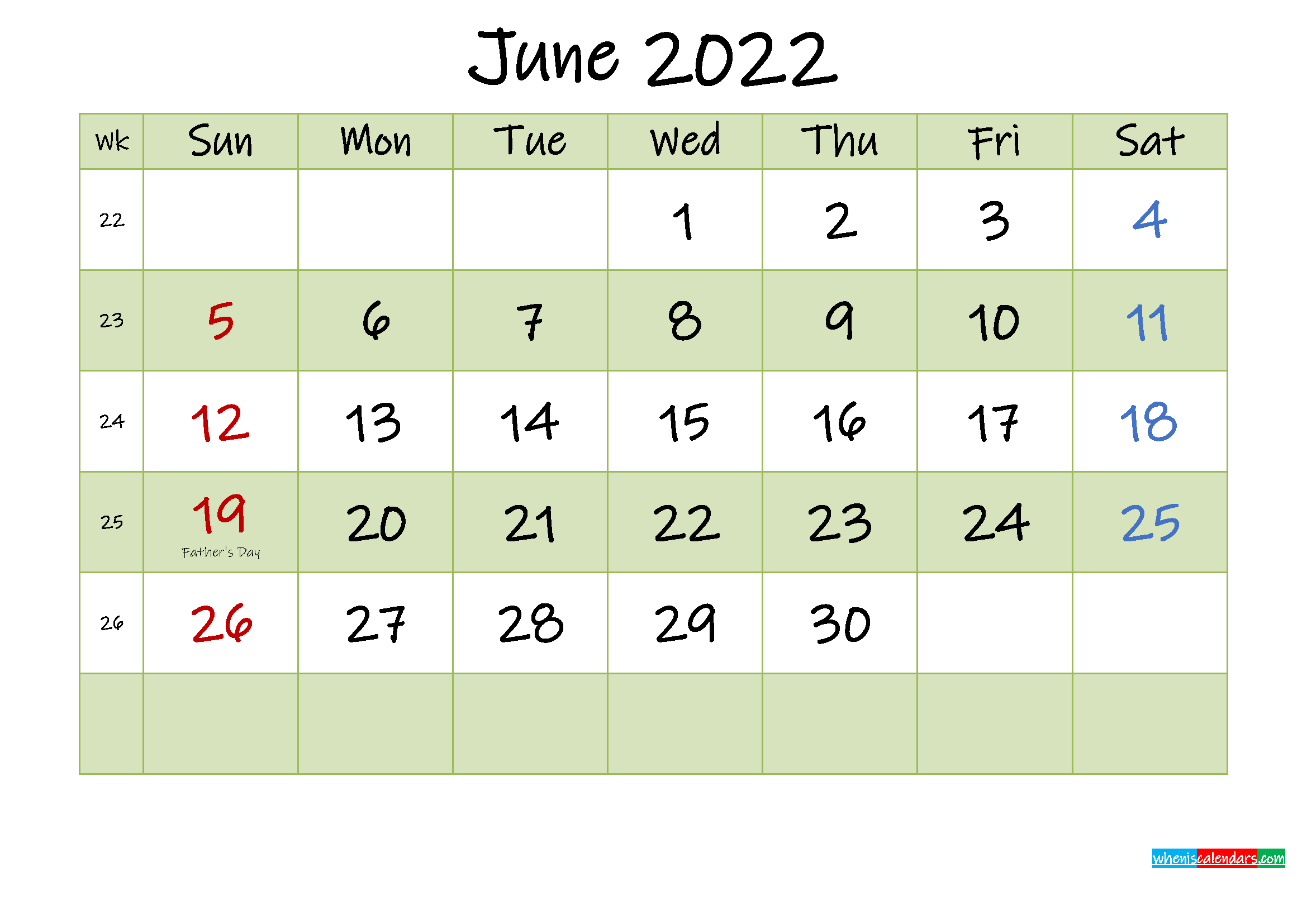 Take Calendar 2022 June Month