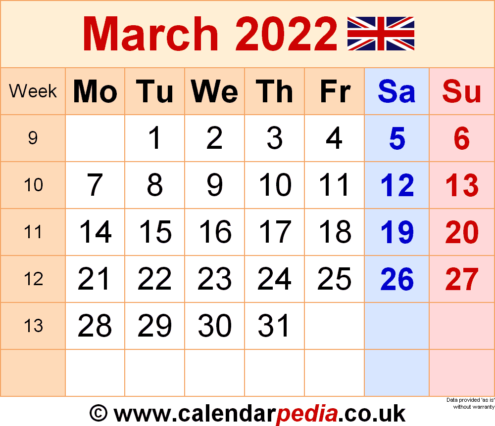 Take Calendar 2022 March Printable