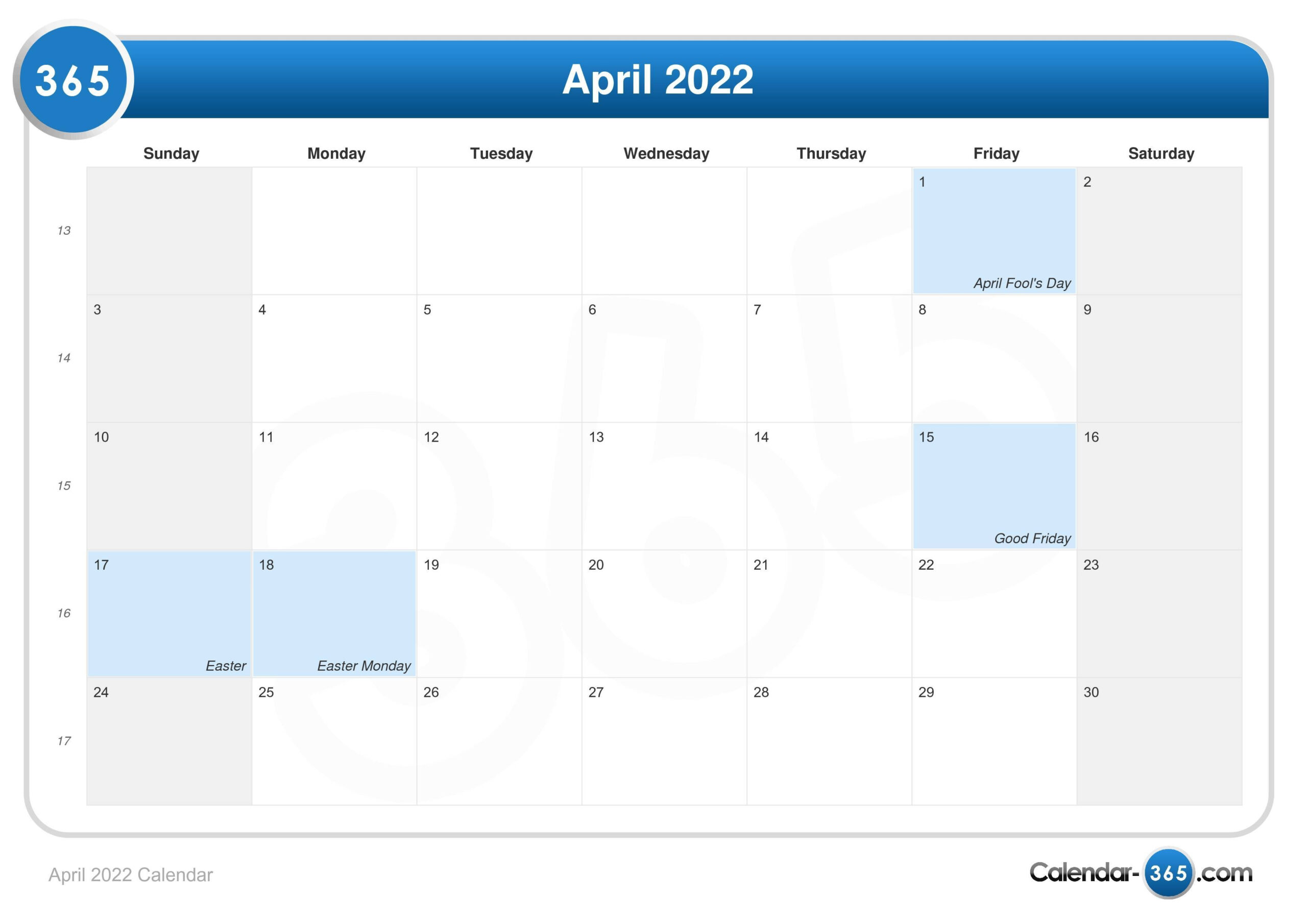 Take Calendar April 2022 Canada