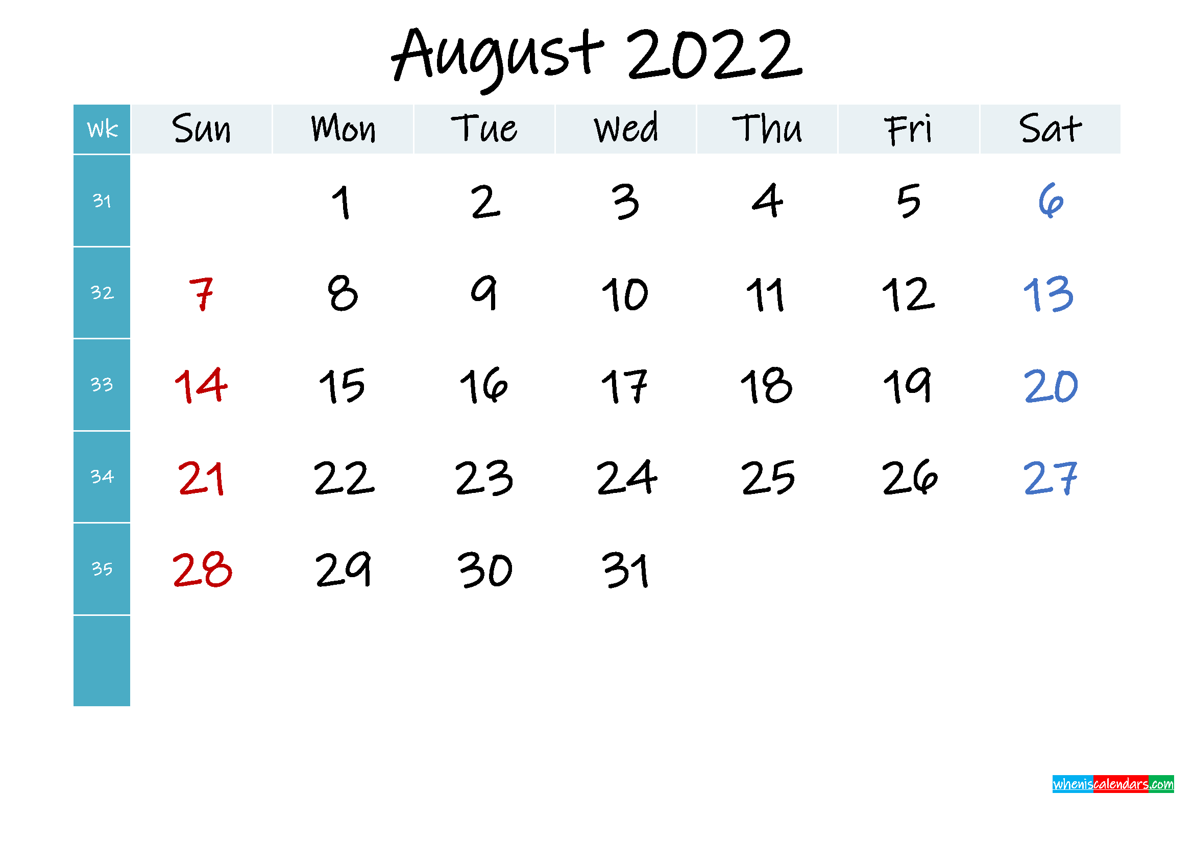 Take Calendar August 2022 Printable