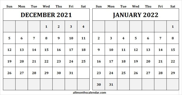 Take Calendar December 2021 January 2022