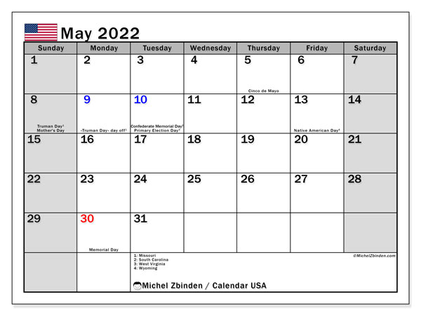 Take Calendar For May 2022 With Holidays