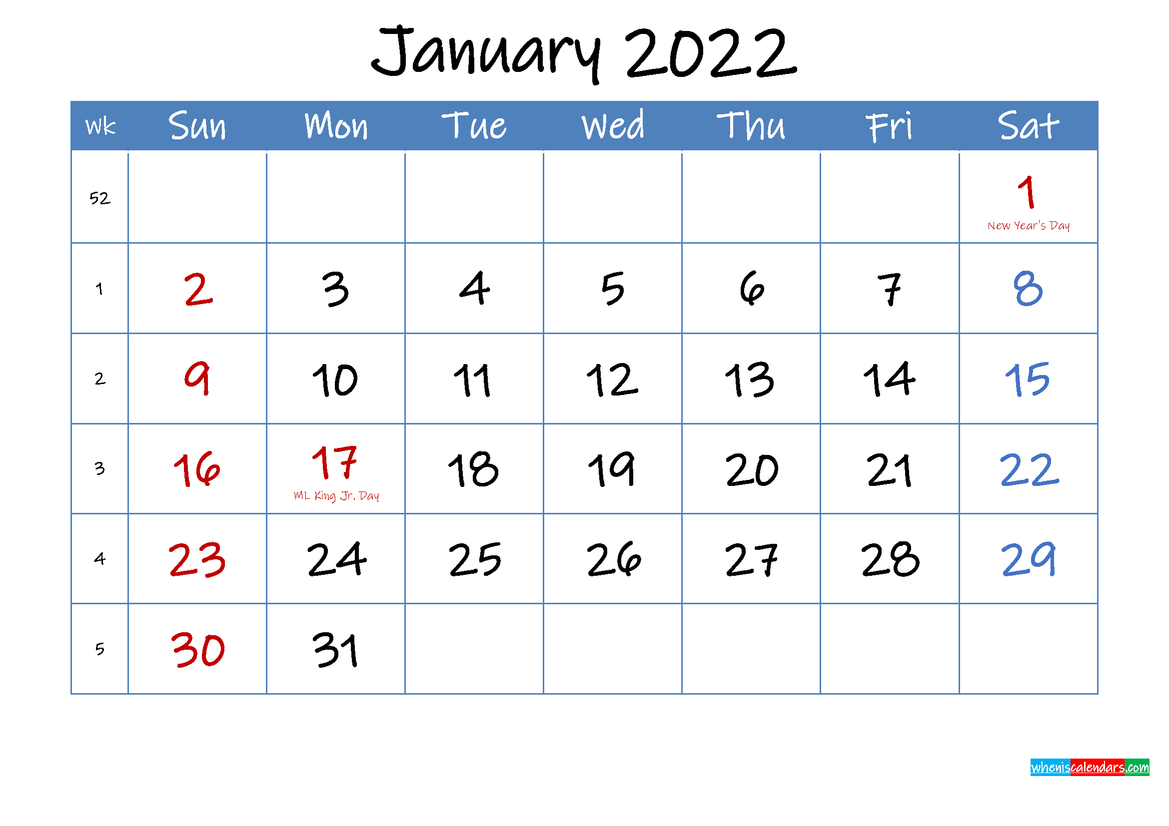 Take Calendar January 2022 Free Printable