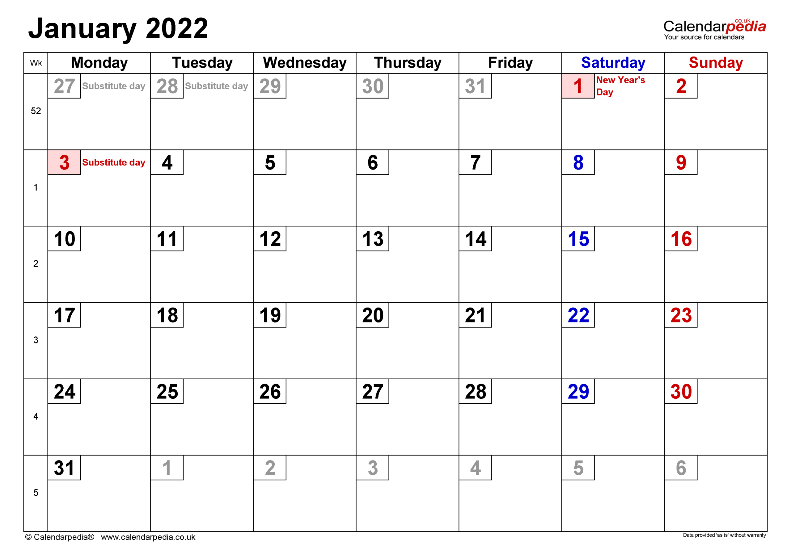 Take Calendar January 2022 Free Printable
