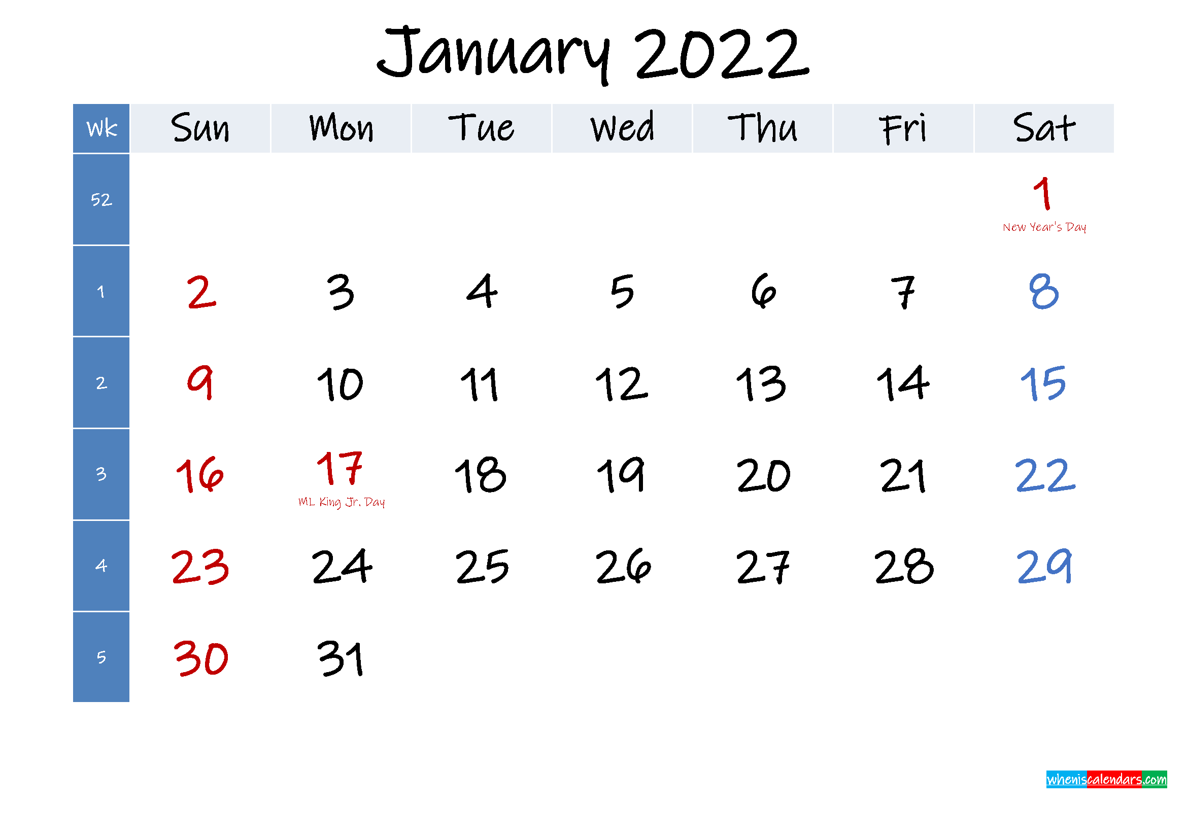 Take Calendar Month Of January 2022