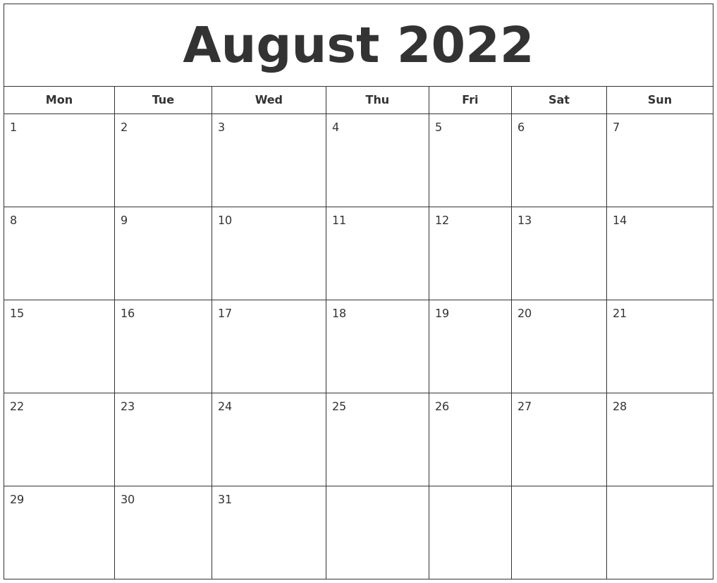 Take Calendar Of 2022 August