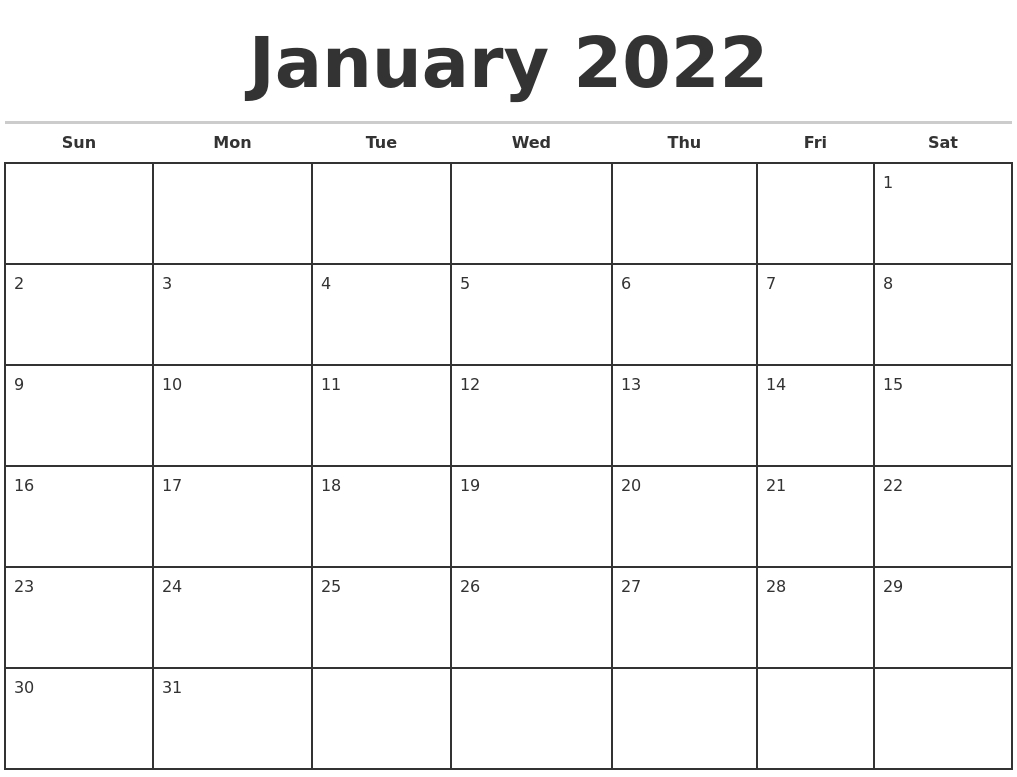 Take Calendar Template January 2022 Printable