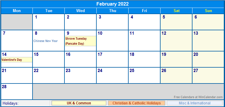 Take February 2022 Calendar With Holidays In India