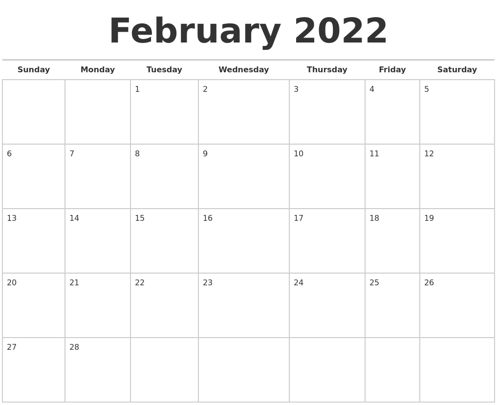 Take February 2022 English Calendar