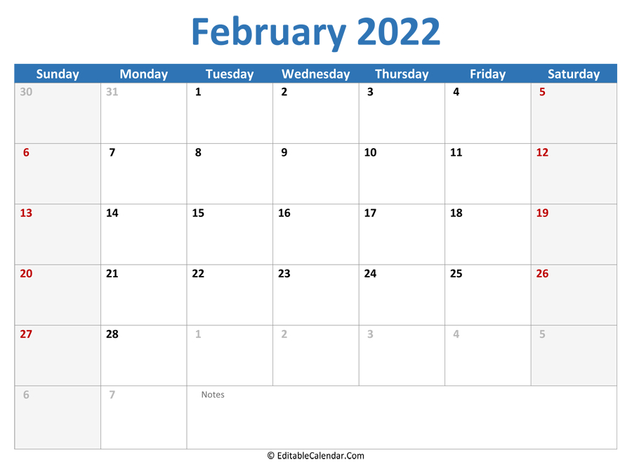 Take February 2022 Fillable Calendar