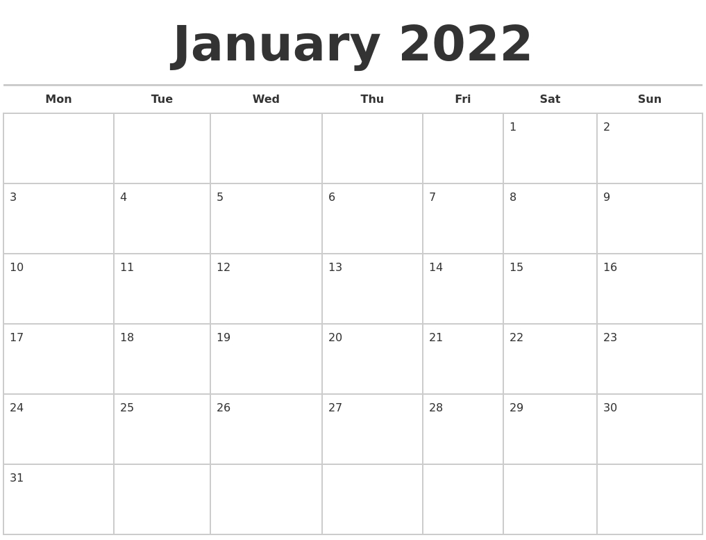 Take January 2022 Calendar Dates