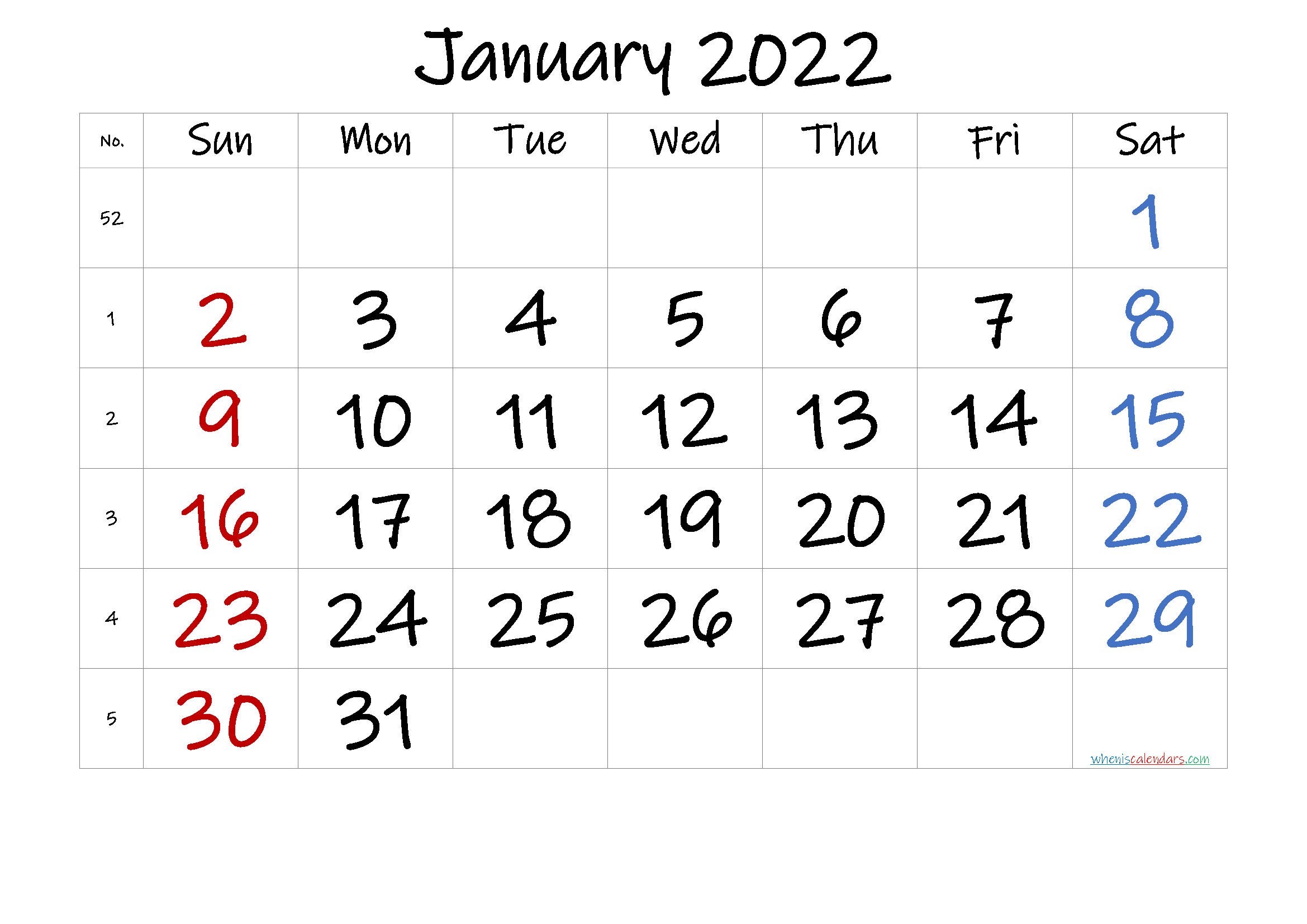 Take January 2022 Calendar Landscape