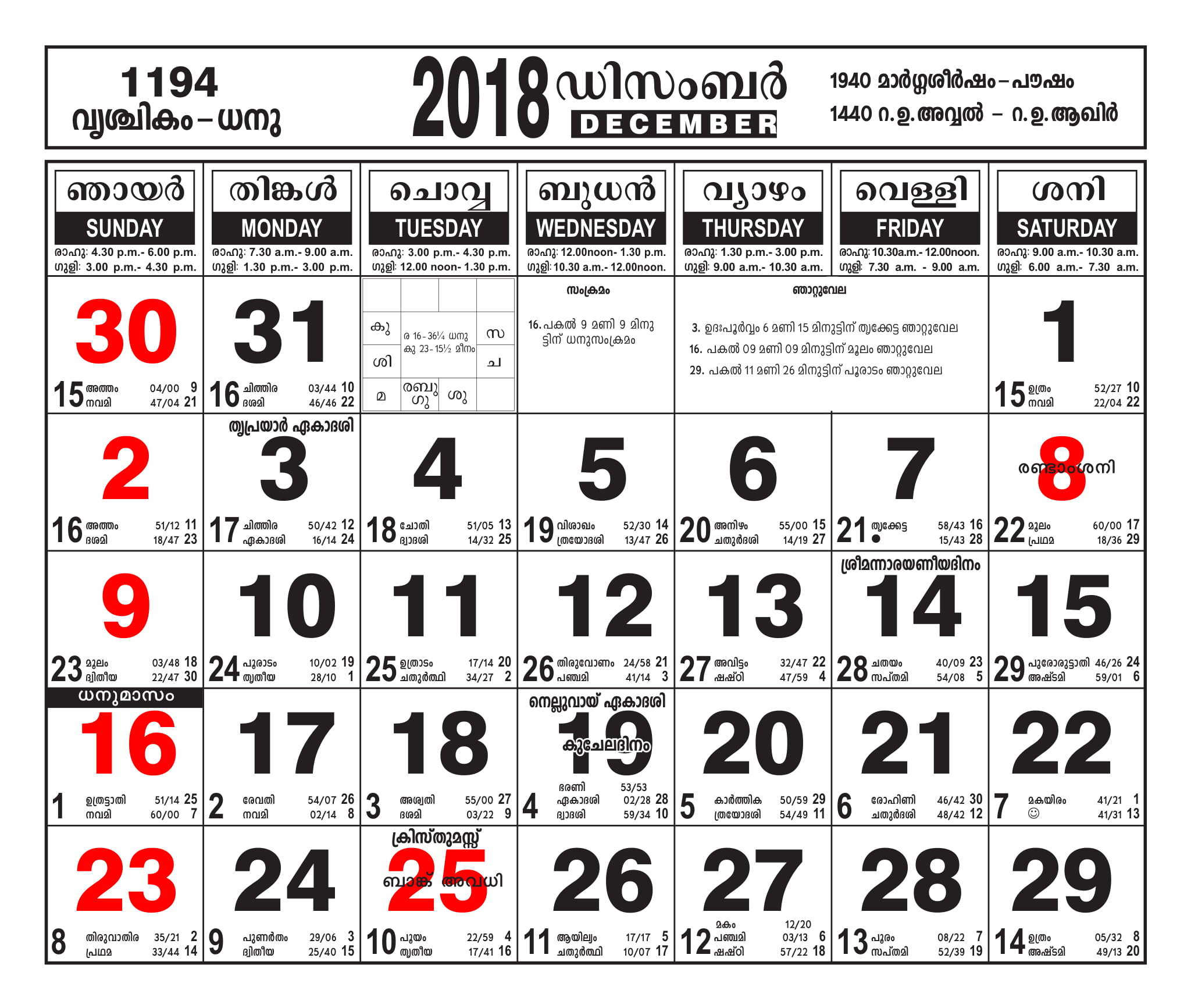 Take Malayalam Calendar 2022 December