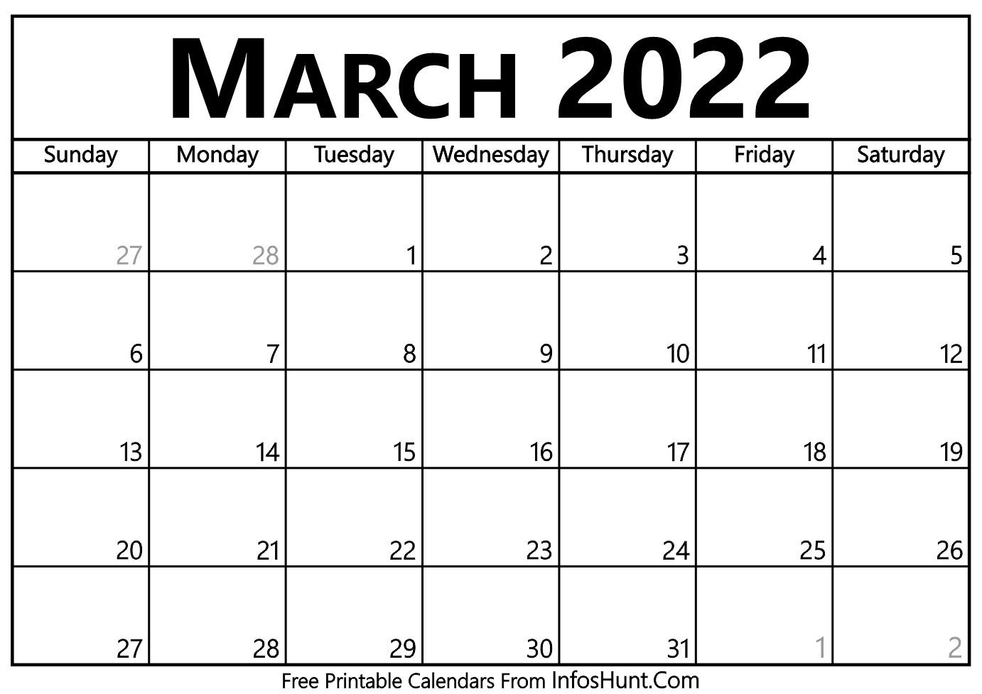 Take March 2022 Calendar India