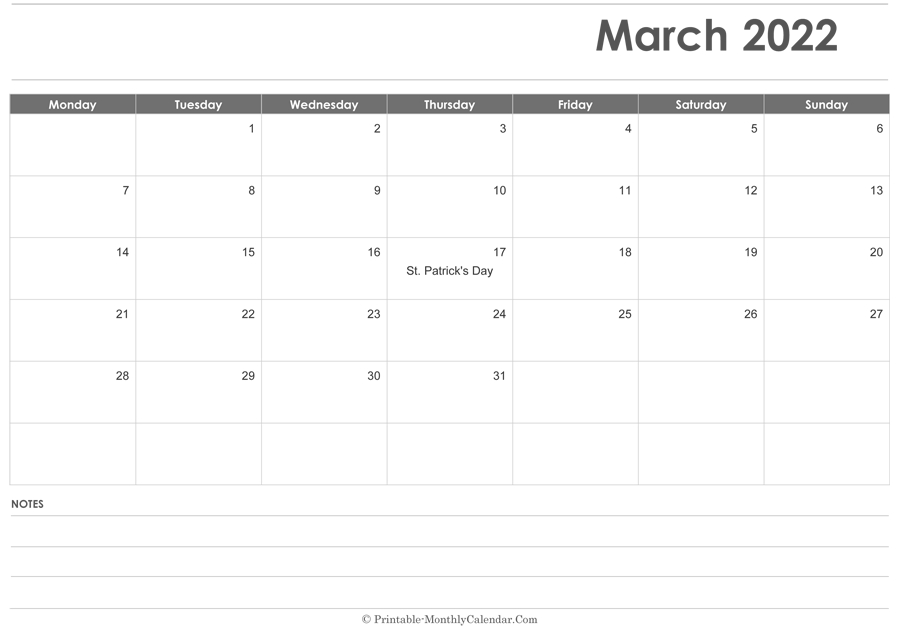 Take March 2022 Calendar With Holidays Printable