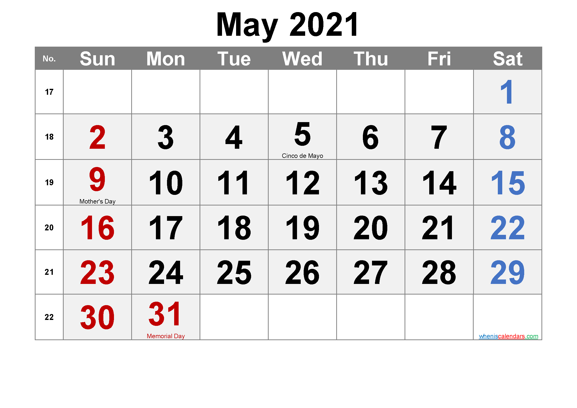 Take May 2022 Calendar Memorial Day