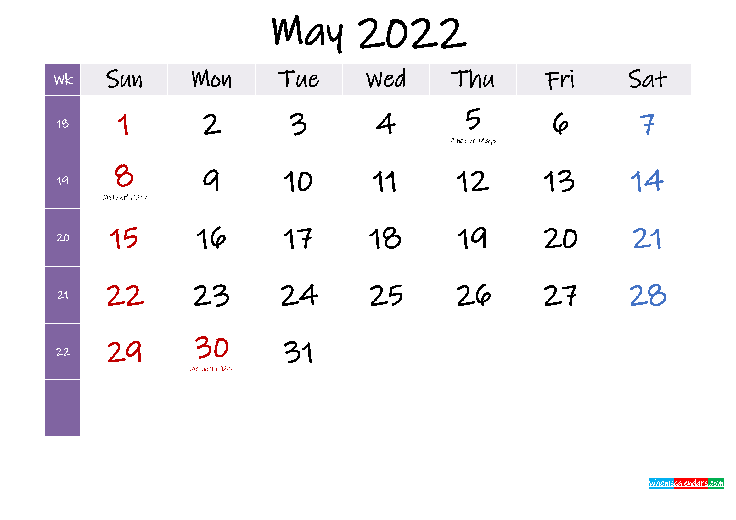 Take May 2022 Printable Calendar With Holidays