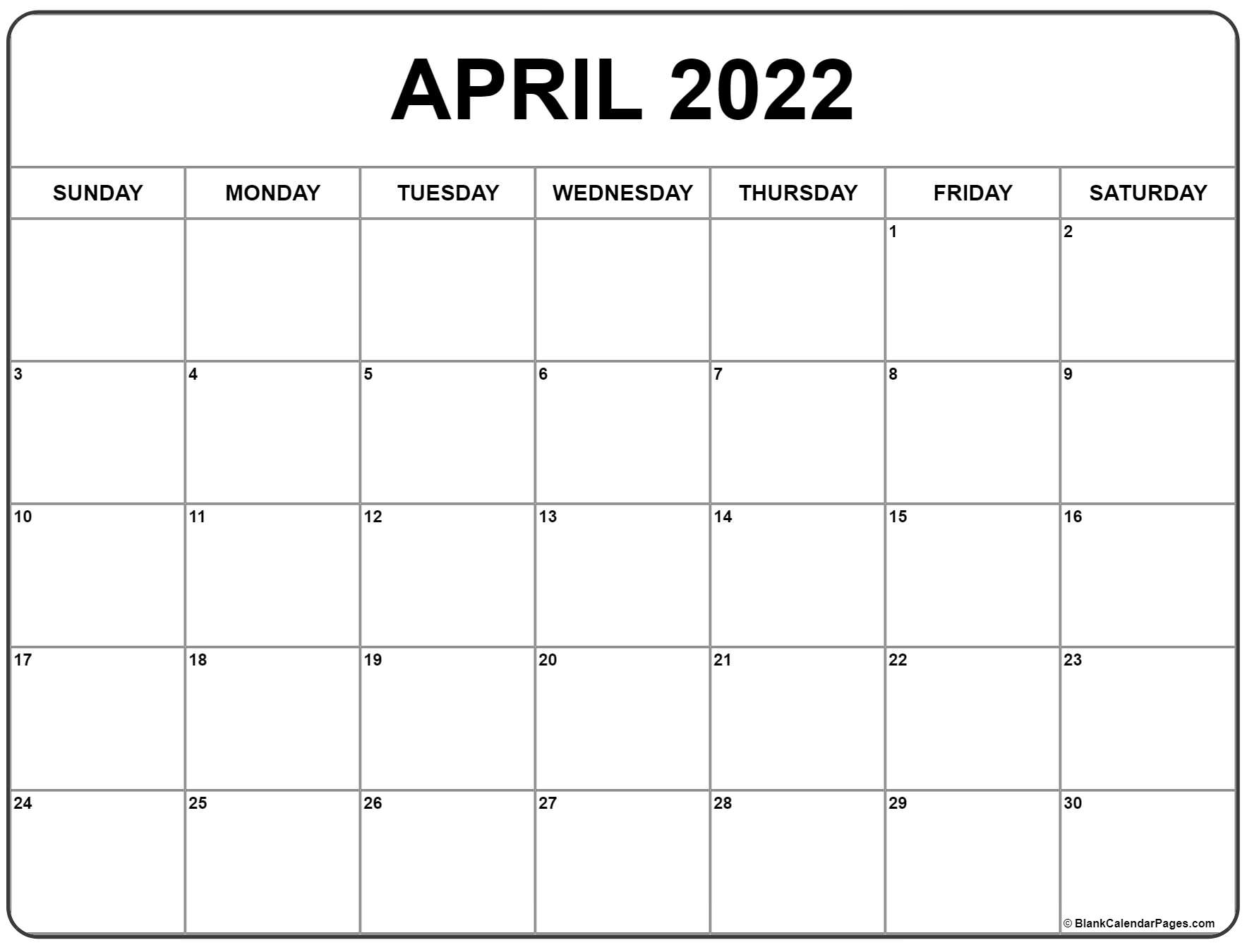 Take Monthly Calendar For April 2022