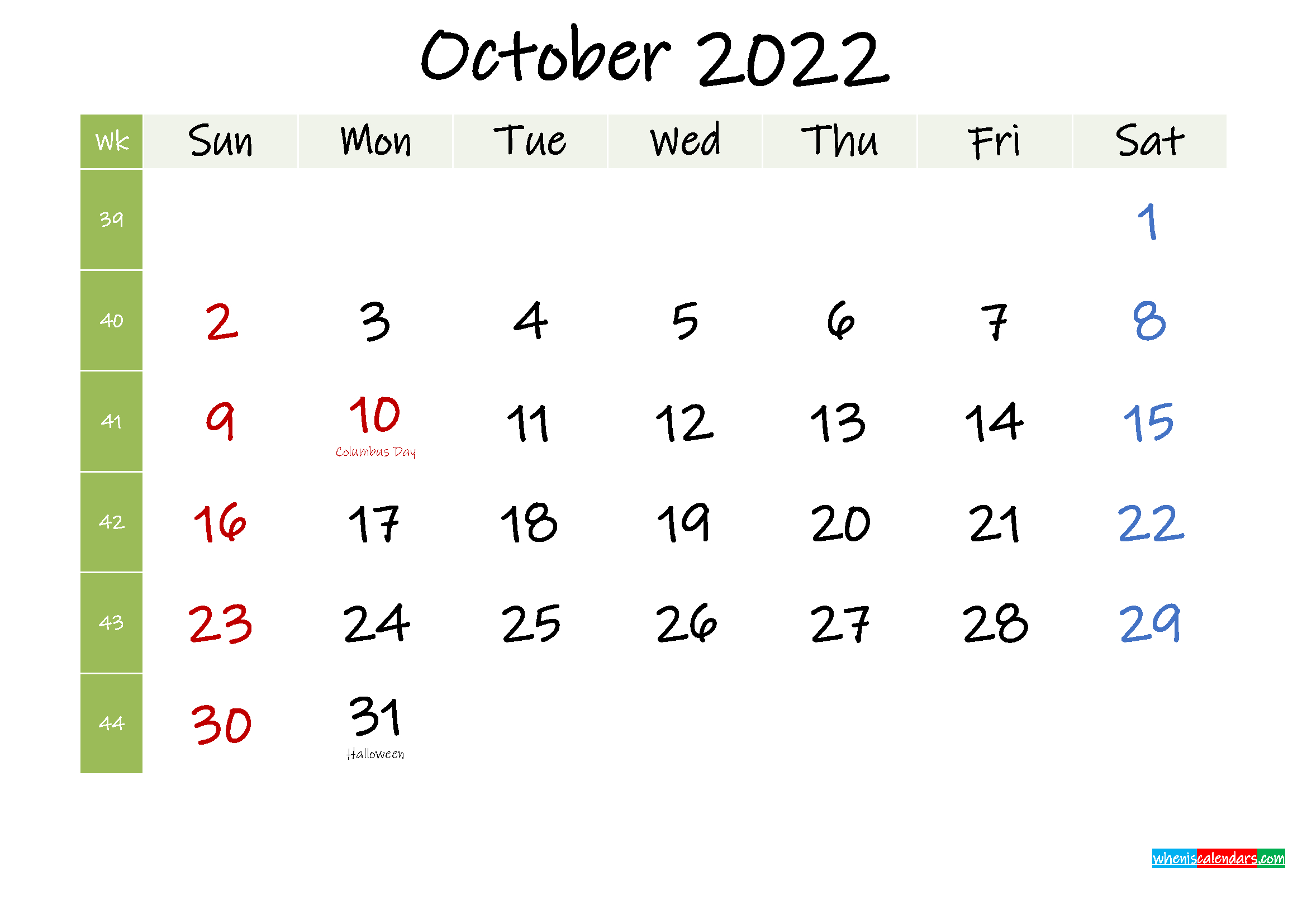 Take October 2022 Calendar Printable Free