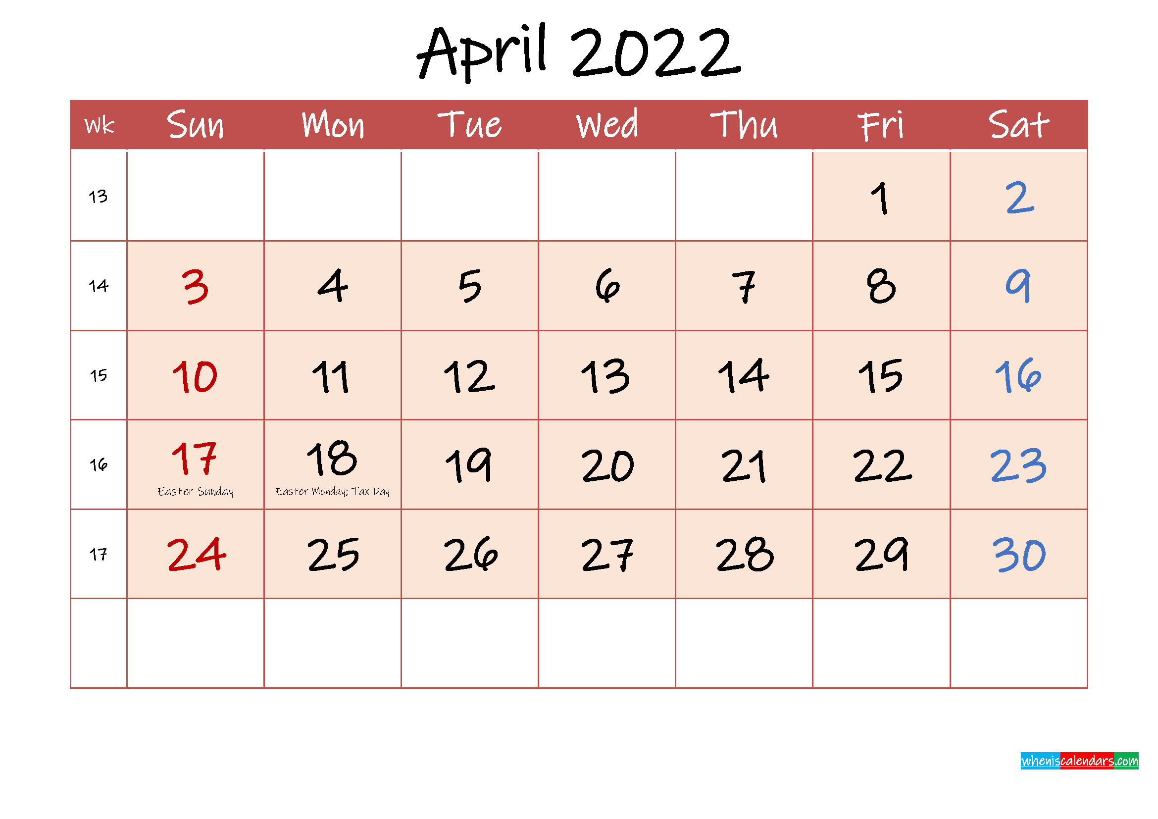 Take Printable Calendar For April 2022
