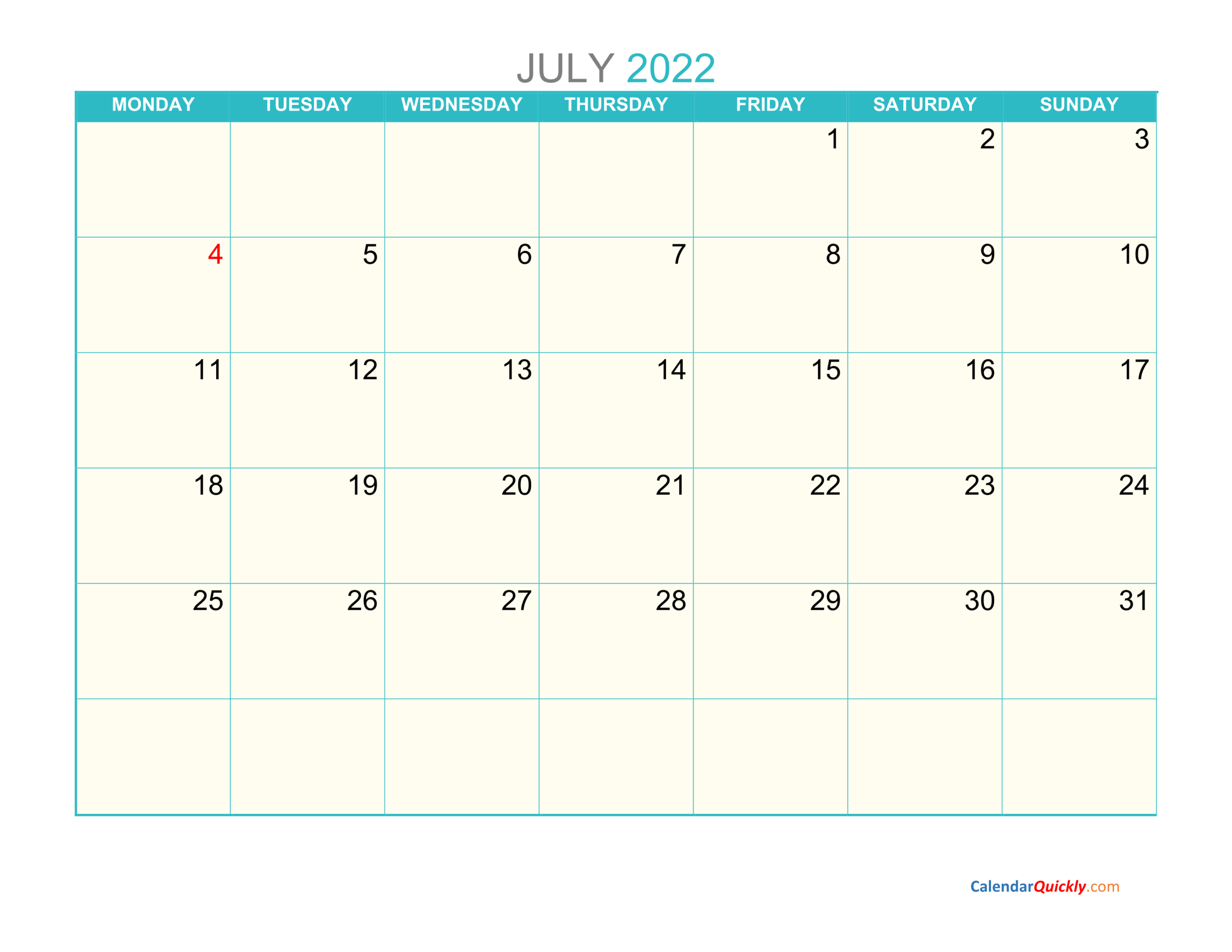 Take Printable Calendar For July 2022
