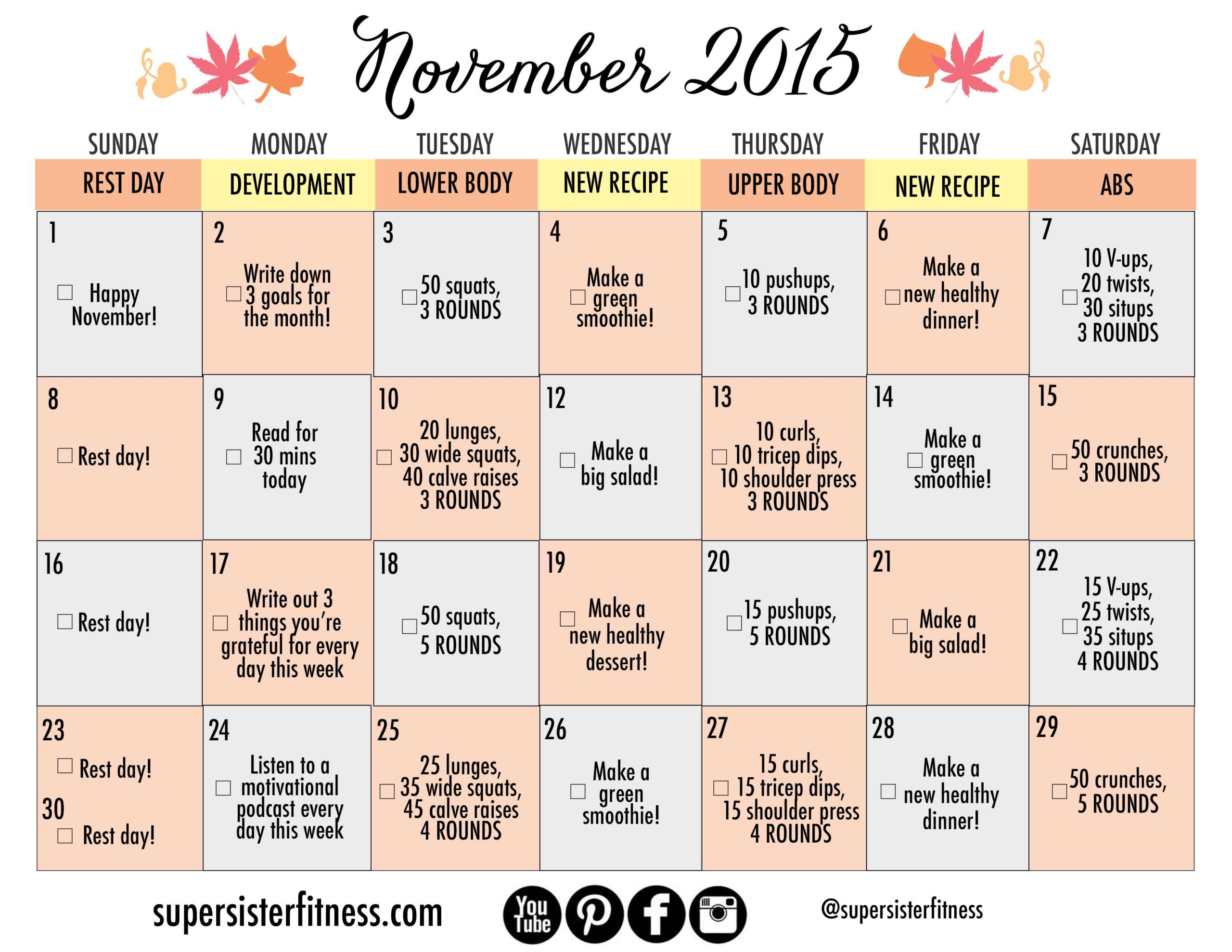 Take Printable Month Fitness Challenge Calendar Best Calendar Example