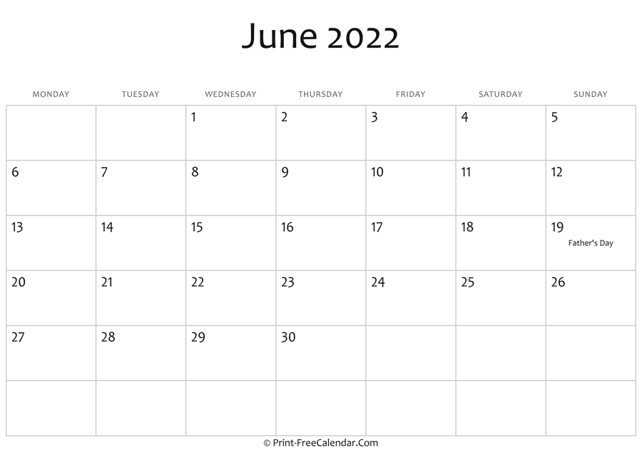 Take Printable Monthly Calendar June 2022