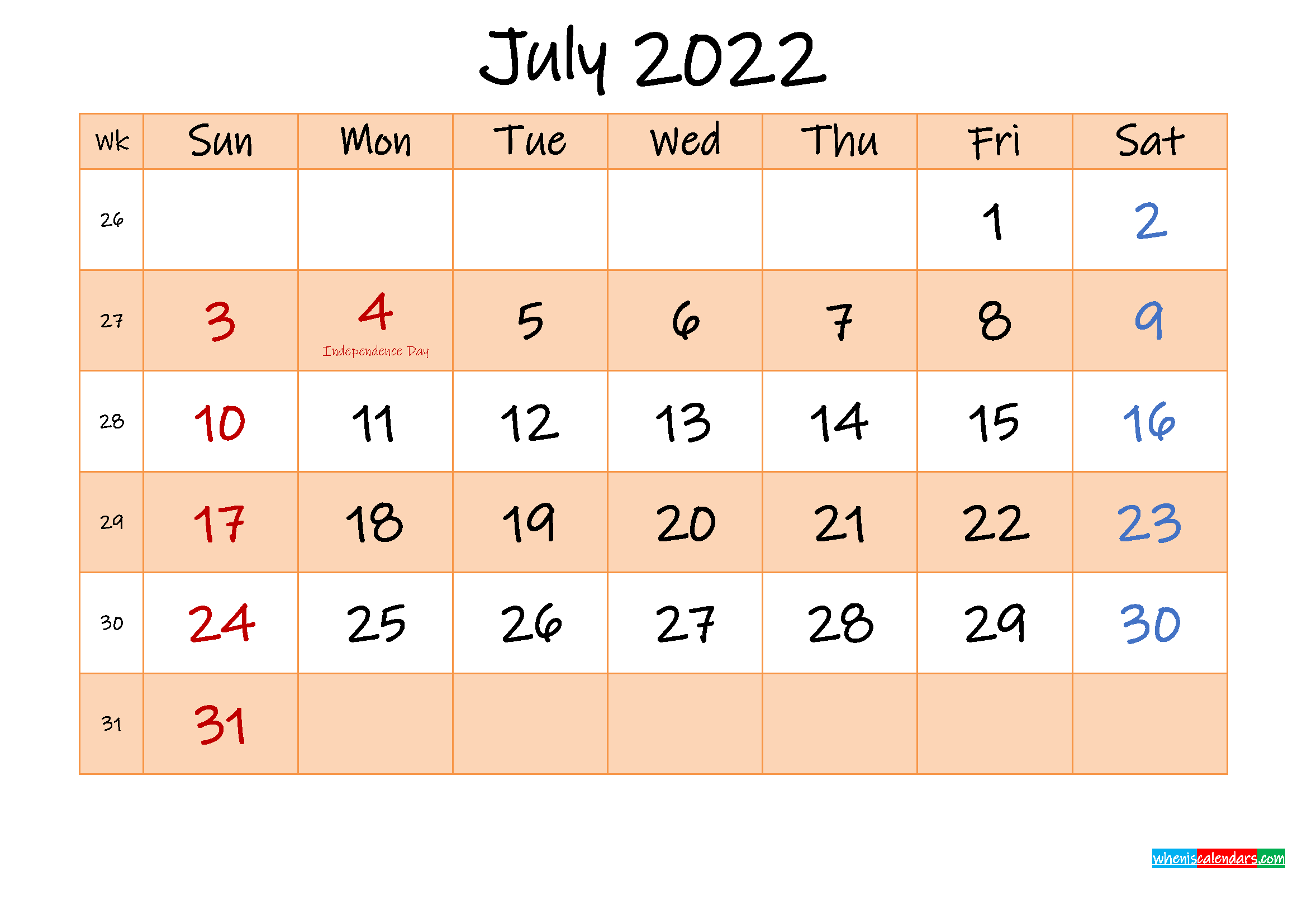 Collect 2022 Calendar For July