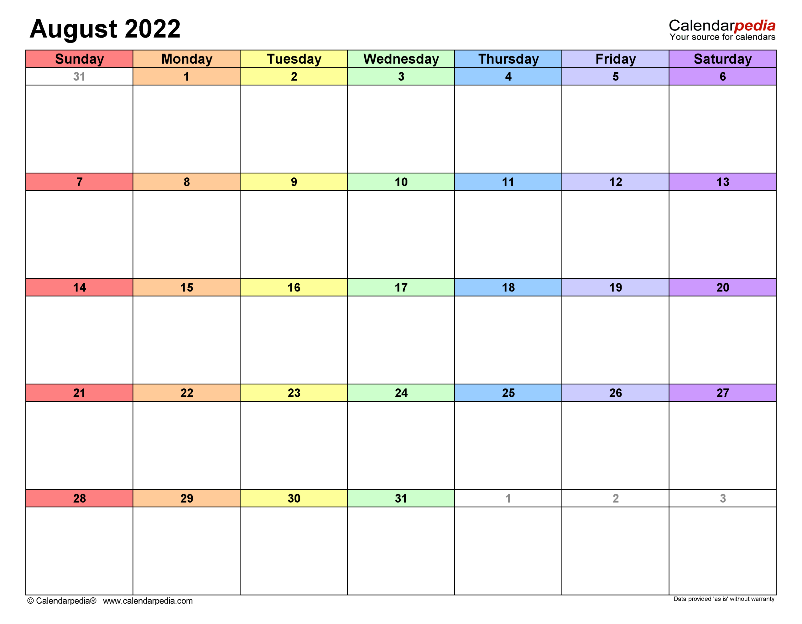 Collect Free Printable Calendar For August 2022