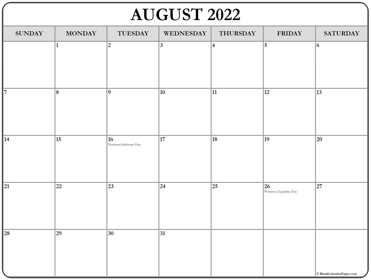 Collect Free Printable Calendar For August 2022