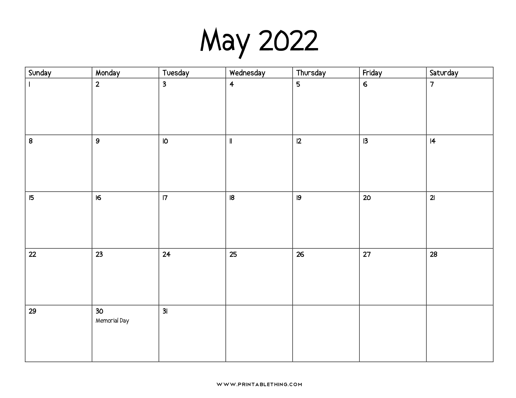 Get Free Printable Calendar 2022 May