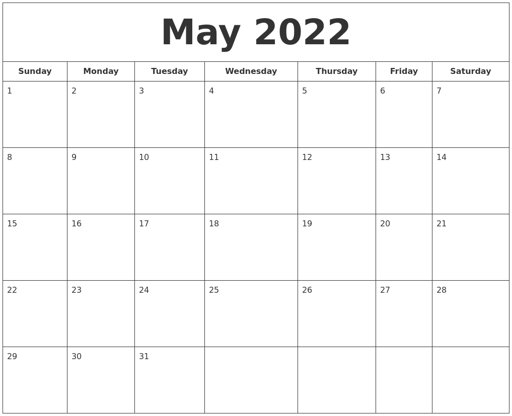 Get Free Printable Calendar 2022 May