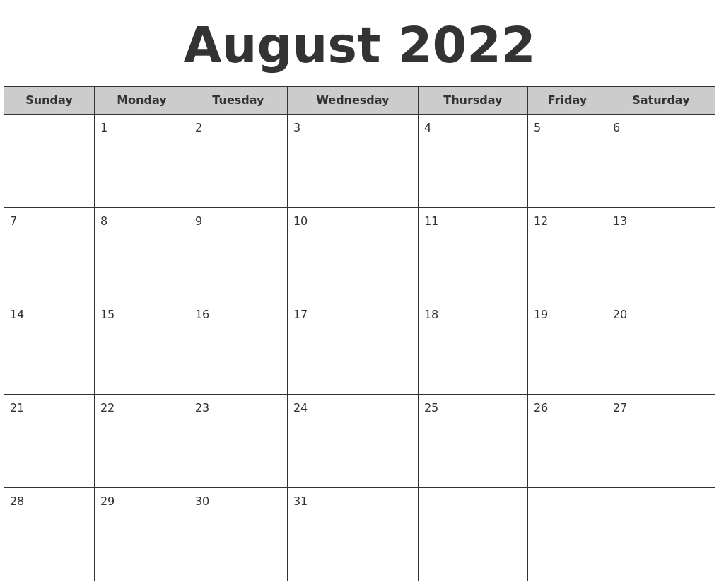 Get Free Printable Calendar For August 2022