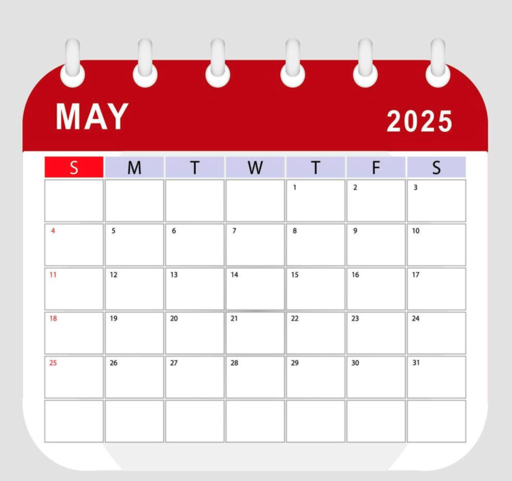 May Calendar Of 2025 Template Red and White