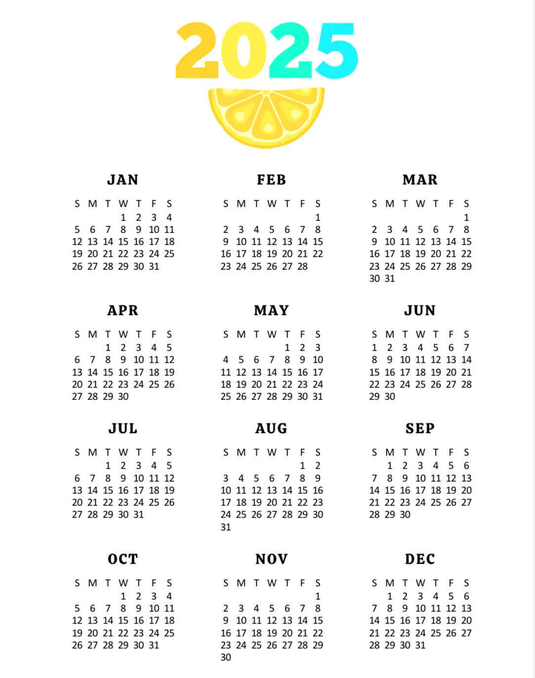 Yearly Calendar 2025 on One Page